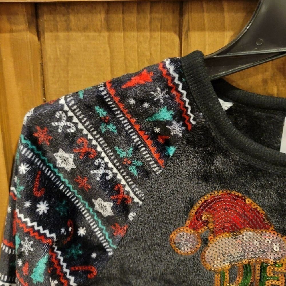 Define Naughty Sequin Ugly Christmas Holiday Plush Top Juniors sz Small Black - Picture 3 of 5